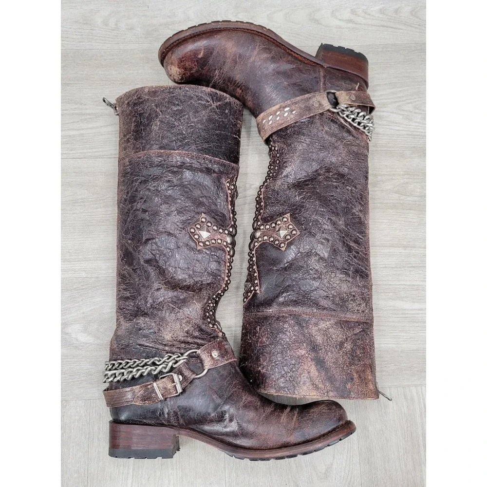 Vintage SENDRA Knee High Western Leather Belted With Big Cross Boots 9.5